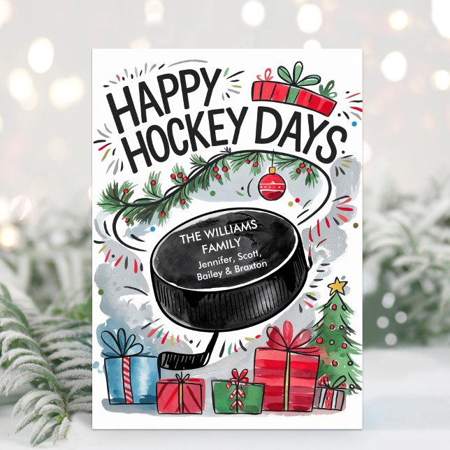 Watercolor Family Name Hockey Christmas Card (Creator Uploaded)