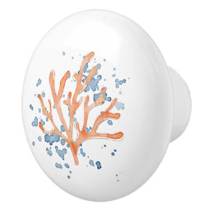 Watercolor fan Coral pattern with splashes coastal Ceramic Knob