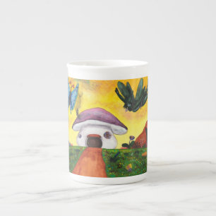 Watercolor Fantasy Fairy Butterfly Mushroom House Bone China Mug