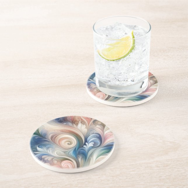 Watercolor Fantasy Floral Pastel Blue & Cream  Coaster (Side)