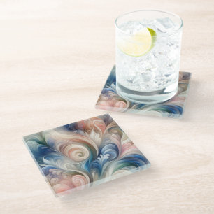 Watercolor Fantasy Floral Pastel Blue & Cream  Glass Coaster