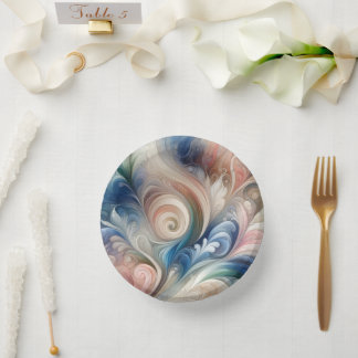 Watercolor Fantasy Floral Pastel Blue & Cream Paper Plate