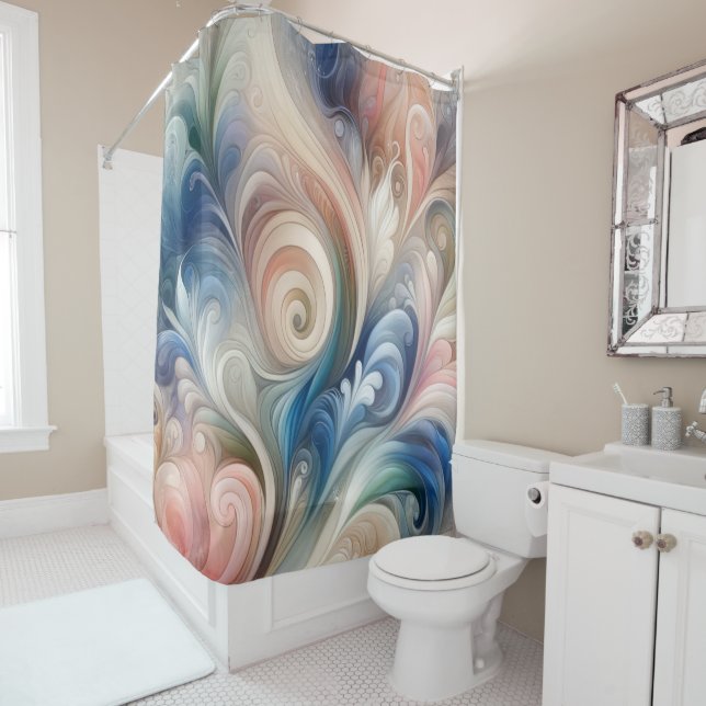 Watercolor Fantasy Floral Pastel Blue & Cream  Shower Curtain (In Situ)