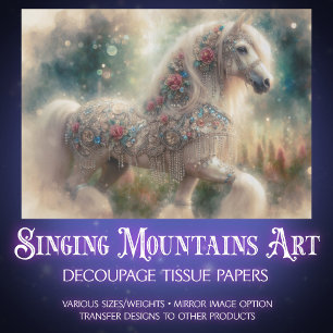 Watercolor Fantasy Floral White Horse Decoupage Tissue Paper