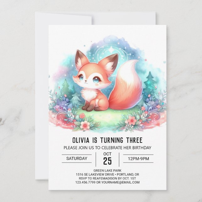  Watercolor Fantasy Fox Birthday digital  Invitation (Front)