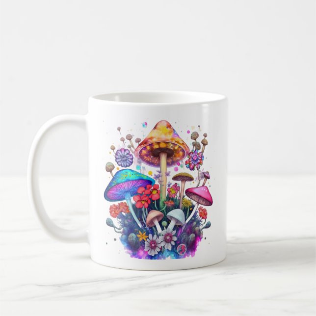 Watercolor Fantasy Mushrooms Coffee Mug (Left)