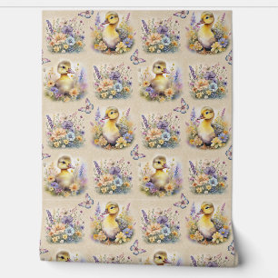 Watercolor Farm Animal Baby Duck Floral Butterfly Wallpaper
