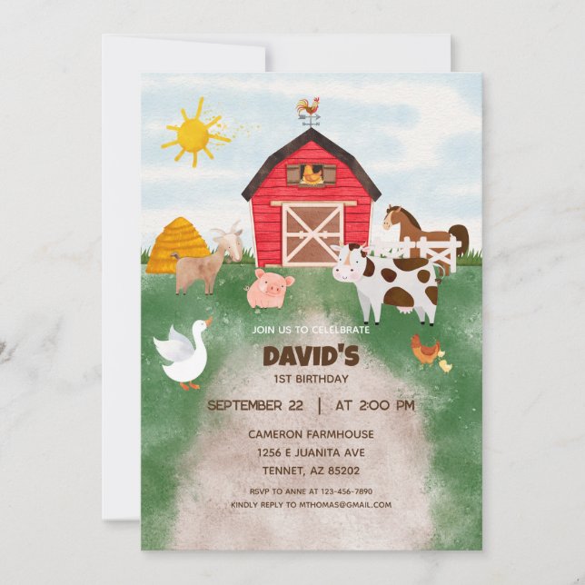 Watercolor Farm animal birthday Invitation (Front)