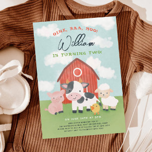 Watercolor Farm Animals 2nd Birthday Invitation