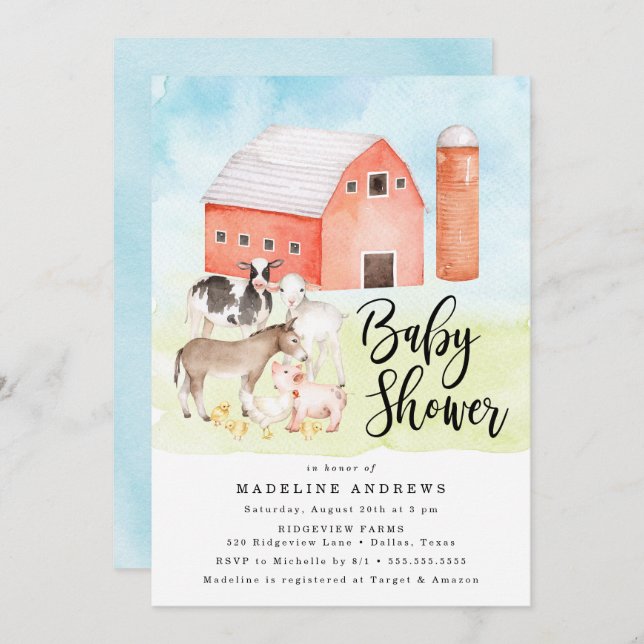 Watercolor Farm Animals | Baby Shower Invitation (Front/Back)
