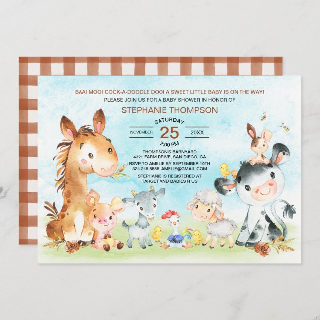 Watercolor Farm Animals Baby Shower Invitation (Front/Back)