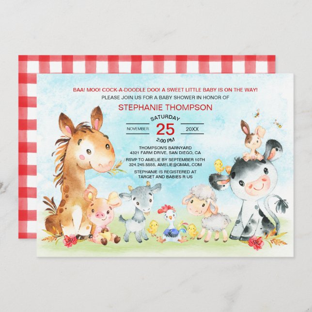 Watercolor Farm Animals Baby Shower Invitation (Front/Back)