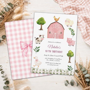 Watercolor Farm Animals Barn 10th Birthday Party Invitation