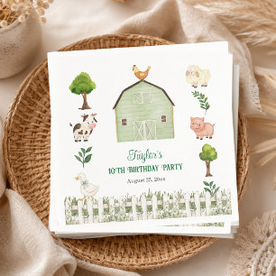 Watercolor Farm Animals Barn 10th Birthday Party Napkin