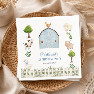 Watercolor Farm Animals Barn 1st Birthday Party Napkin