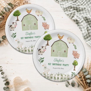 Watercolor Farm Animals Barn 1st Birthday Party Paper Plate