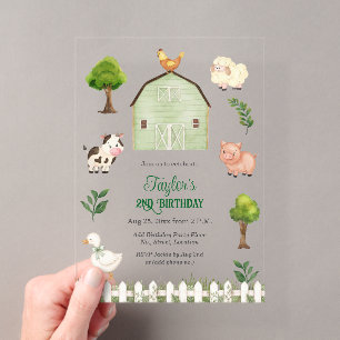 Watercolor Farm Animals Barn 2nd Birthday Party Acrylic Invitations