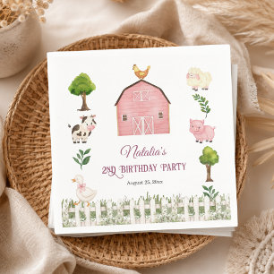 Watercolor Farm Animals Barn 2nd Birthday Party Napkin