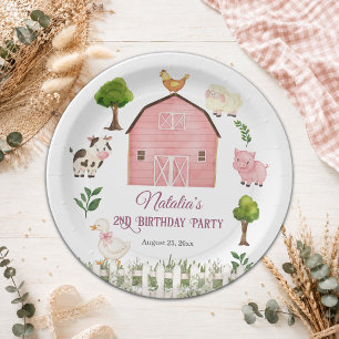 Watercolor Farm Animals Barn 2nd Birthday Party Paper Plate