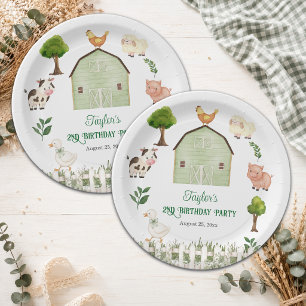 Watercolor Farm Animals Barn 2nd Birthday Party Paper Plate