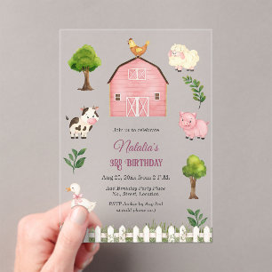 Watercolor Farm Animals Barn 3rd Birthday Party Acrylic Invitations