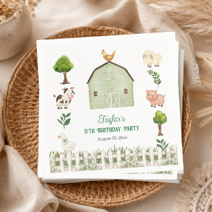 Watercolor Farm Animals Barn 5th Birthday Party Napkin