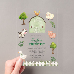 Watercolor Farm Animals Barn 7th Birthday Party Acrylic Invitations