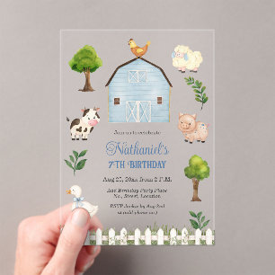 Watercolor Farm Animals Barn 7th Birthday Party Acrylic Invitations