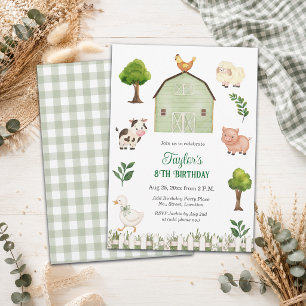Watercolor Farm Animals Barn 8th Birthday Party Invitation
