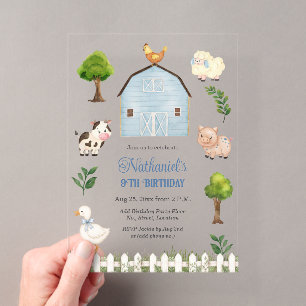 Watercolor Farm Animals Barn 9th Birthday Party Acrylic Invitations