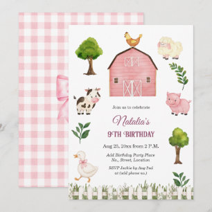 Watercolor Farm Animals Barn 9th Birthday Party Invitation