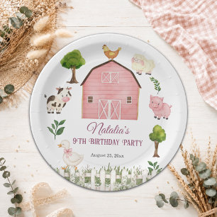 Watercolor Farm Animals Barn 9th Birthday Party Paper Plate