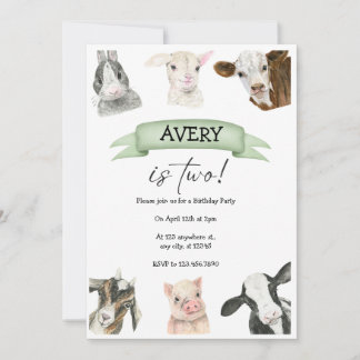 Watercolor Farm Animals Birthday Two Years Invitation