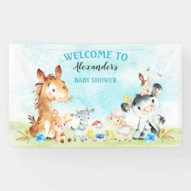 Watercolor Farm Animals Boy Baby Shower Banner (Horizontal)