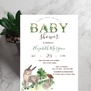Watercolor Farm Animals Donkey Baby Shower  Invitation
