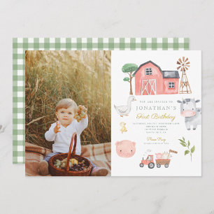 Watercolor Farm Animals First Birthday Photo Invitation