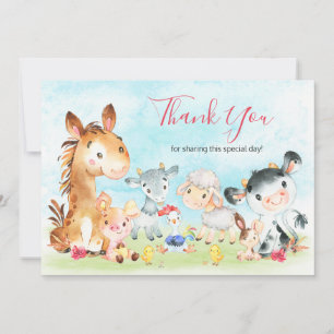 Watercolor Farm Animals Girl Thank You Card