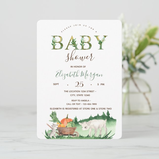 Watercolor Farm Animals Sheep Cat Baby Shower Invitation (Standing Front)