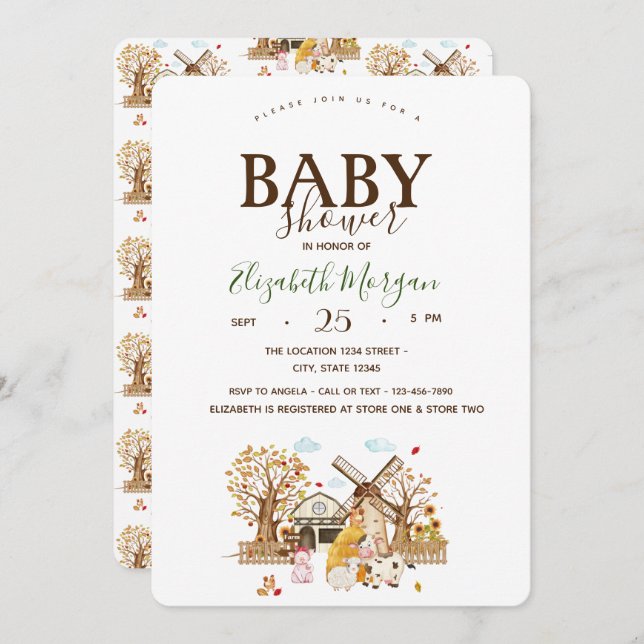 Watercolor Farm Animals Stall Baby Shower  Invitation (Front/Back)