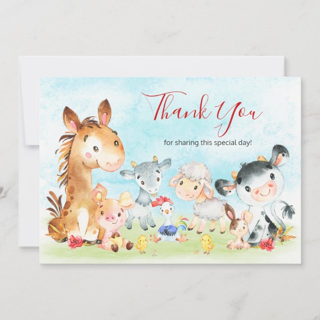Watercolor Farm Animals Thank You Card (Front)
