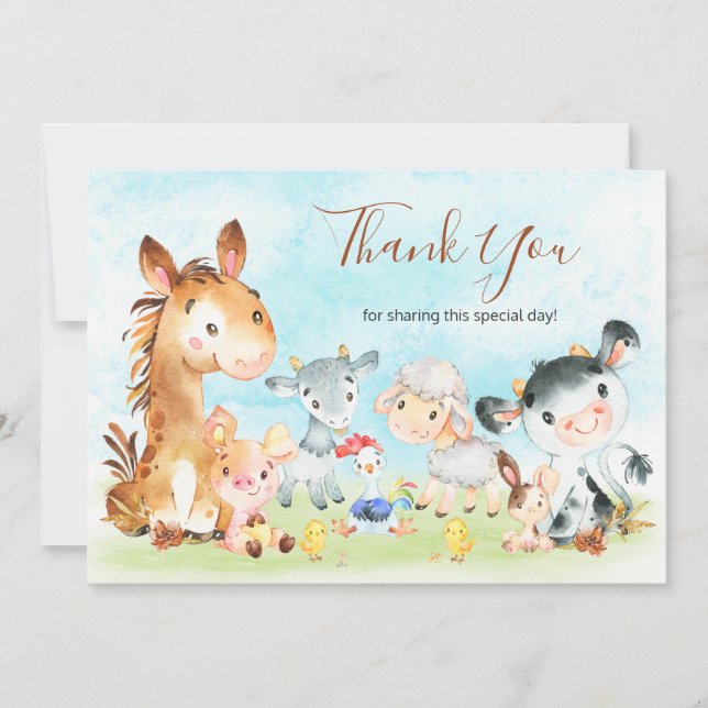 Watercolor Farm Animals Thank You Card (Front)