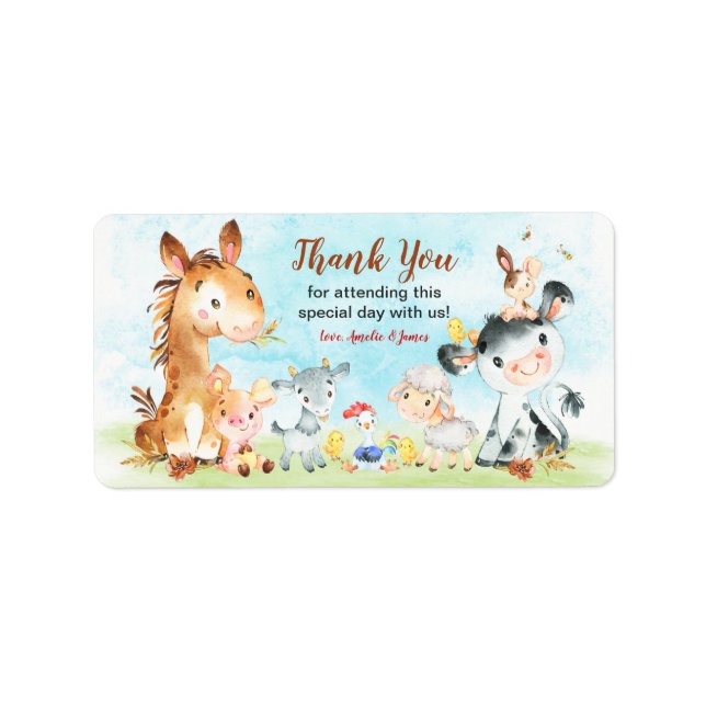 Watercolor Farm Animals Thank You Label (Front)