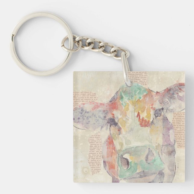 Watercolor Farm Collage Cow Key Ring (Front)