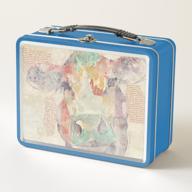 Watercolor Farm Collage Cow Metal Lunch Box (Front)