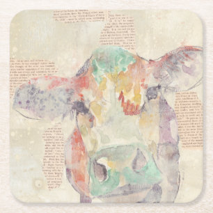 Watercolor Farm Collage Cow Square Paper Coaster