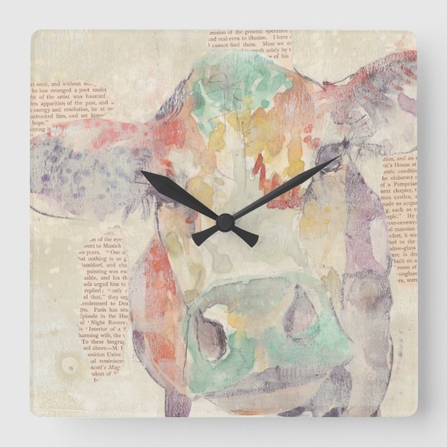 Watercolor Farm Collage Cow Square Wall Clock (Front)
