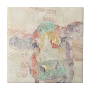 Watercolor Farm Collage Cow Tile