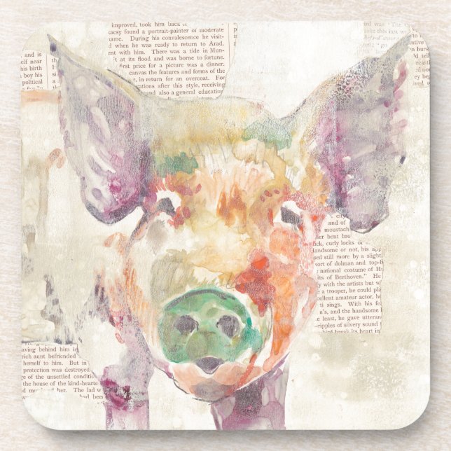 Watercolor Farm Collage Pig Coaster (Front)