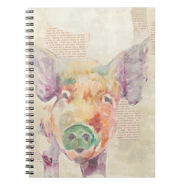 Watercolor Farm Collage Pig Notebook (Front)