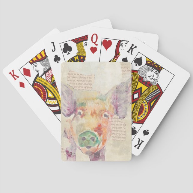 Watercolor Farm Collage Pig Playing Cards (Back)